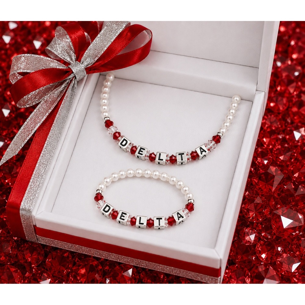 Delta Sigma Theta Sorority Pearl Necklace and Bracelet Set Red White Greek Gift